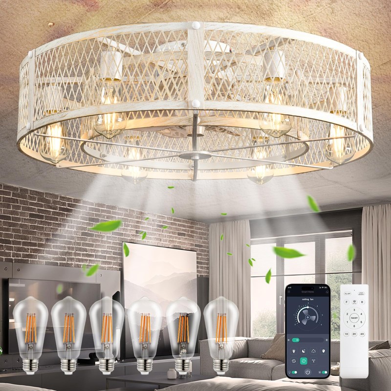 Depuley Modern Ceiling Fans with Light: Cement Flush Mount Ceiling