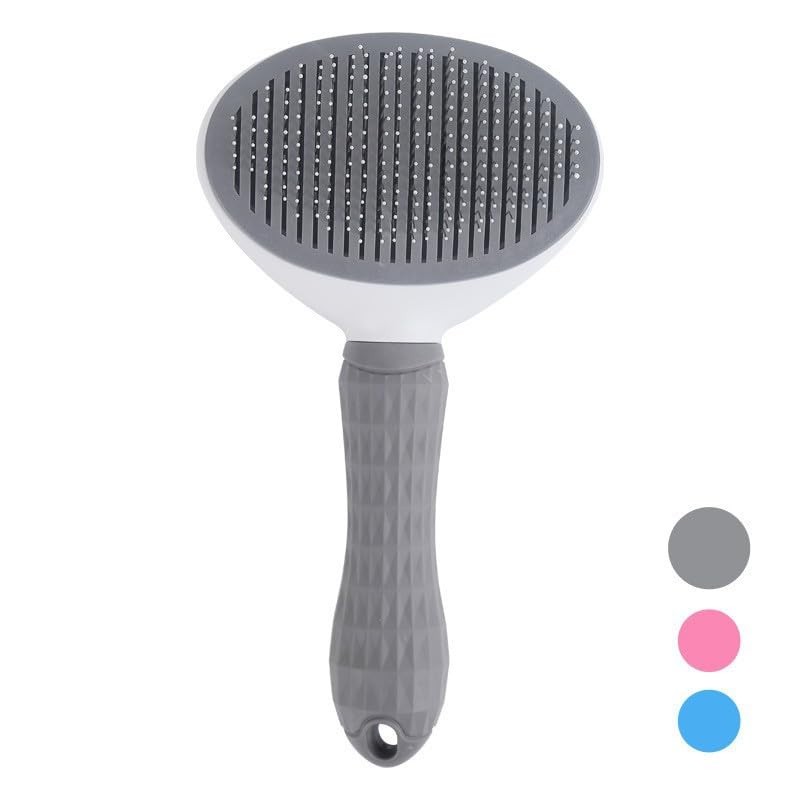 Pet Grooming Brush with Ergonomic Handle, Self-Cleaning Slicker Brush, White