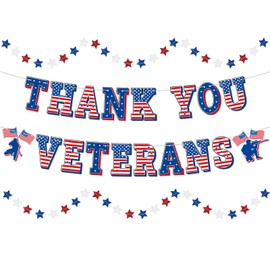 Qpout Thank You Veterans Banner with Star Garland,Cardstock Paper American Flag Happy Veterans Day Decoration Banner for Greeting Veterans Day Theme Patriotic Party Memorial Day Supplies