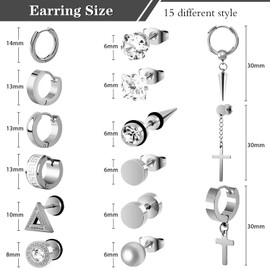 XINNSTAR 15 Pairs Silver Stainless Steel Earrings for Men, Hoop Stud Earrings Set Hypoallergenic Cross Dangle Hinged Earrings Set Gifts for Men Women Fashion Jewelry