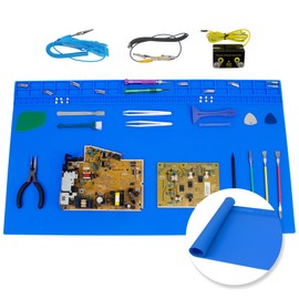 27.6'' x 15.7'' Extra Large Soldering Mat with ESD Wrist Strap and Grounding Accessories 932°F Heat Resistant Silicone Repair Mat Oversized Work Mat for Electronics Cellphone Laptop Repair (Blue)