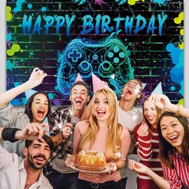 IIILUYOT Video Game Happy Birthday Backdrop Decorations, Gaming Theme Party Background, Blue Polyester, 72x44 Inch, Includes Ropes, Perfect for Birthday Occasion