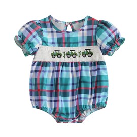 Chloefairy Newborn Baby Girl Romper Tractor Embroidery Smocked Bubble Short Sleeve Plaid Bodysuit Infant Farm Summer Outfit (Multi-color, 12-18 Months)