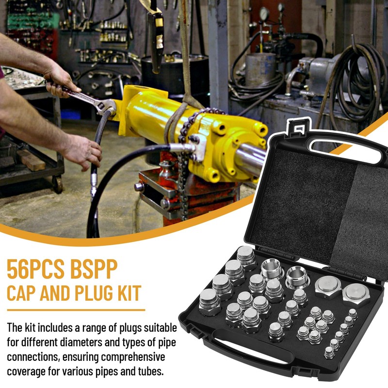 Venussar 56 Pcs BSPP Cap and Plug Kit, Hydraulic Cap