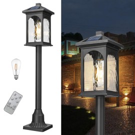 Starcurin Outdoor Post Lamp Long Pole Solar Powered Waterproof Exterior Solar Pathway Light Remote Control with Pier Mount Base, LED Dusk to Dawn Walkway Lighting with Water Ripple Glass