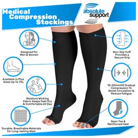 ABSOLUTE SUPPORT Plus Size Compression Stockings for Women & Men 15-20mmHg Open Toe, Wide Calf Support Knee High for airplane, Work, Running, Hiking, Sports, Workout, Nurse, Travel - Black, 5X-Large