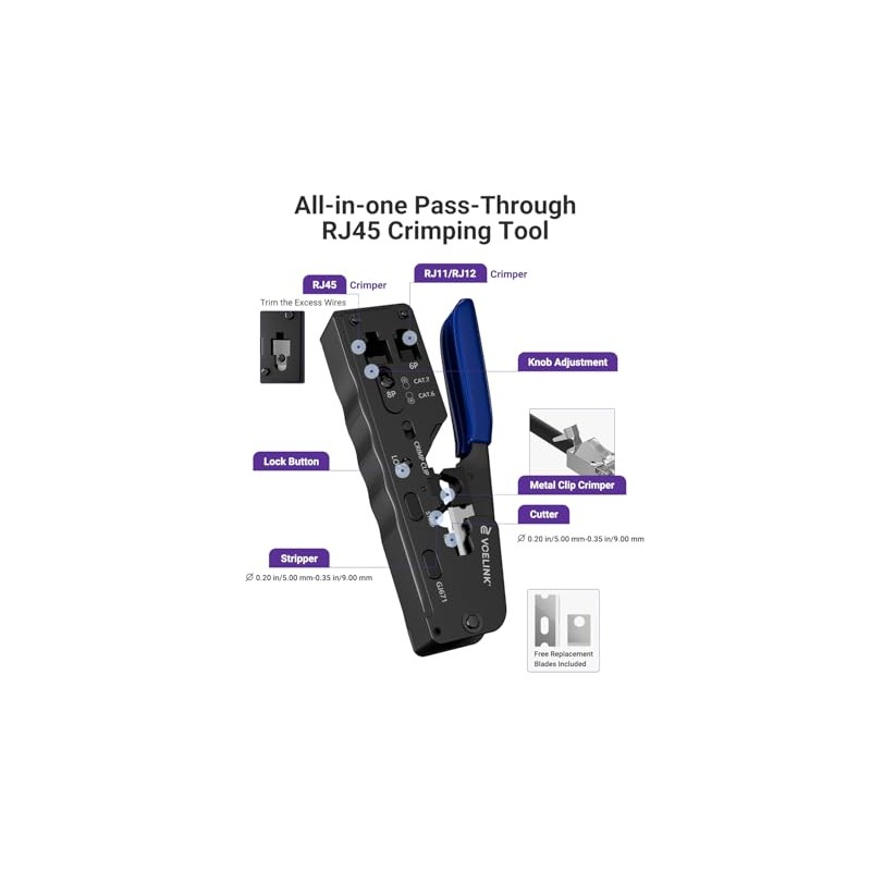 VCELINK RJ45 Crimp Tool, All-In-One Ethernet Pass Through Crimper for