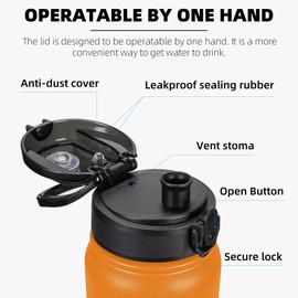 Fanhaw 1 L Insulated Stainless Steel Water Bottle with 1 Lid (Chug Lid) - For Kids, Women, Men | Leak & Sweat Proof with Anti-Dust Lid (Yellow Orange)