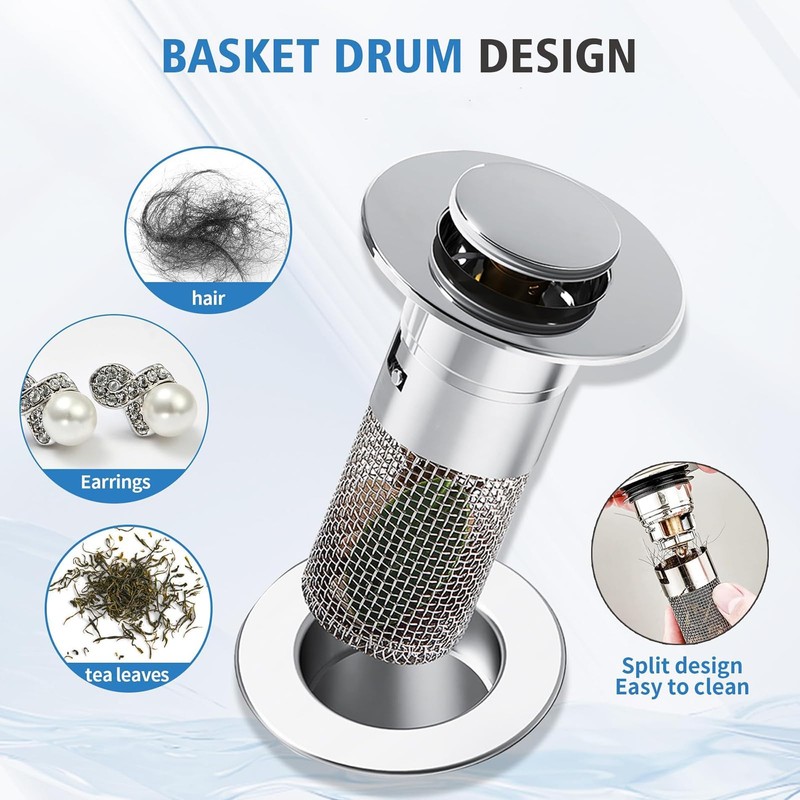 Sink Plug with Strainer, Stainless Steel Drain Plug with Hair