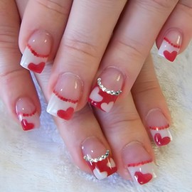 24Pcs French Tip Heart Press on Nails Short Square Valentines Fake Nails Cute Heart False Nails with Rhinestones Red White Hearts Nail Art Designs Glue on Nails for Valentines Day Manicure Decorations