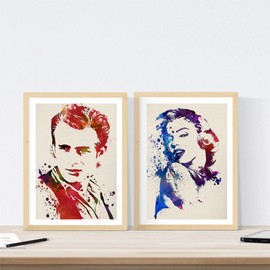 Nacnic Set of 2 Sheets for framing James Dean and Marilyn Monroe Style Watercolor Painting. Reproduction with Images of Cinema Classics in size A3. Home Decor