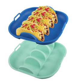 Velicber Silicone Taco Holder Set of 2, Non-Slip Taco Plates with Dividers, Reusable Fit for Kitchen, Party, Restaurants - Microwave and Dishwasher Safe, Blue and Green