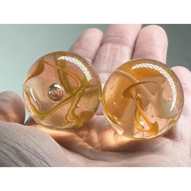 2 BOULDERS 35mm Firefly Marbles Glass Clear Orange/Yellow/White Huge
