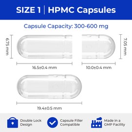 ATLEMISME Empty Capsules Size 1 1000 count,Clear Empty Vegan Capsules Kosher,Halal and Non GMO Certified for DIY Supplements.Hypoallergenic Veggie Capsules Empty with 2 Spoons,Adapted to the Capsule Filler