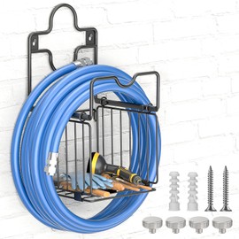Garden Hose Holder Metal Water Hose Holder with Storage Basket Heavy Duty Hose Hanger Waterhose Holder for Outside Hose Rack Holds Up to 150ft Sturdy Hose Reel Hose Caddy for Garage Yard Storage Black