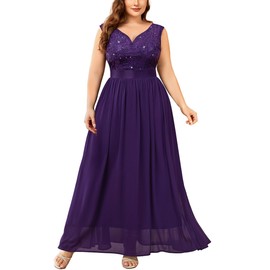 Miusol Women's Plus Size Elegant Lace Contrast Sequin V-Neck Floral Formal Evening Party Maxi Dress Purple