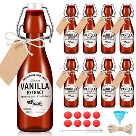 Vesici 12 Sets Swing Top Glass Bottles Set Vanilla Extract Bottles with Airtight Stoppers Stickers Caps Bottle Brush Funnel Rope Labels Amber Homemade Vanilla Extract Bottles for Party Sauce (8 oz)