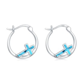 Kootwo Cross Hoop Earrings 925 Sterling Silver Religious Cross Earrings Christian Cross Jewelry for Girls Women Men, Sterling Silver, Turquoise