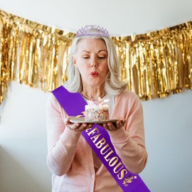 Casoty Purple 75th Birthday Sash and Tiara for Women, 75th Birthday Decorations for Women, 75 and Fabulous Sash and Tiara Set, 75th Birthday Gifts for Women, Happy 75th Birthday Party Supplies