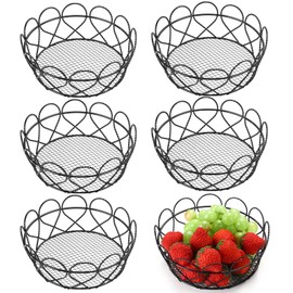 Reallnaive 6 Pcs Wire Bread Basket 6.3 x 6.3 x 2.4 Inch Round Metal Fruit Basket for Kitchen Counter Serving Vegetables Snacks Bread Fruits Bowl for Tabletop Fast Food(Black)