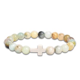 CCAIPU Crystal Bracelet for Women, 8MM Gemstone Bead Bracelet Heart Pendant Bracelets Anti Anxiety Bracelet Jewellery Gifts for Mother Ladies (White-Cross)