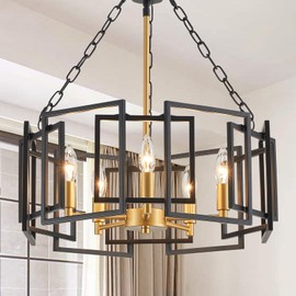 Avzkcy Modern Farmhouse Chandelier, 20" Black and Gold Pendant Light fixtures 5 Lights Height Adjustable Ceiling Light for Dining Room, Bedroom, Living Room,Foyer