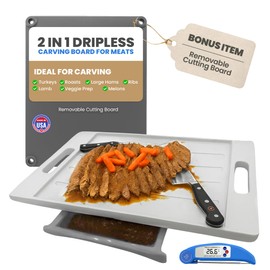XL Deluxe Meal Prep System Cutting Board - Large Carving Board with Meat Thermometer, Juice Groove, Spikes, Drip Tray & Removable Board - BBQ Essential & Kitchen Gifts - BPA Free Cutting Board - Grey
