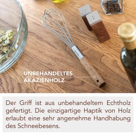 VEZOREY® - Premium Schneebesen mit Akazien-Holzgriff 28cm - Hochwertiger Rührbesen aus lebensmittelechtem Edelstahl für Küche (rostfrei) - Design Quirlbesen & Handquirl aus Holz