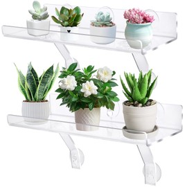 GREANER Suction Cup Shelf, 16 Inch Shelves for Windows for Plants, 2 Packs Clear Suction Cup Planters Window for Outdoor Indoor Plants, Living Room, Bathroom, Kitchen, Balcony