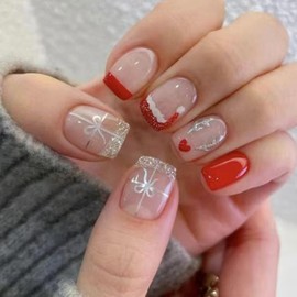 Christmas Press on Nails Short Square Fake Nails with Elk Design Santa Hat Glue on Nails Red French tips Stick on Nails Glossy Reusable Silver Gifts False Nails for Women Girls Holiday Manicure 24pcs