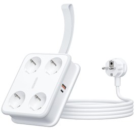 4-Way Power Strip USB C 45 W NTONPOWER 2500 W GaN Multiple Socket USB Power Strip Wall Mounted 1.6 m Distribution Socket Strip 10 A with Switch for Travel Work, White