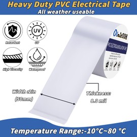 6 Pack White Electrical Tape 2 in x 66 ft Waterproof Vinyl Electrical Insulating Tape High Temperature Resistance Electric Tape Under 600V Home Outdoor Multipurpose