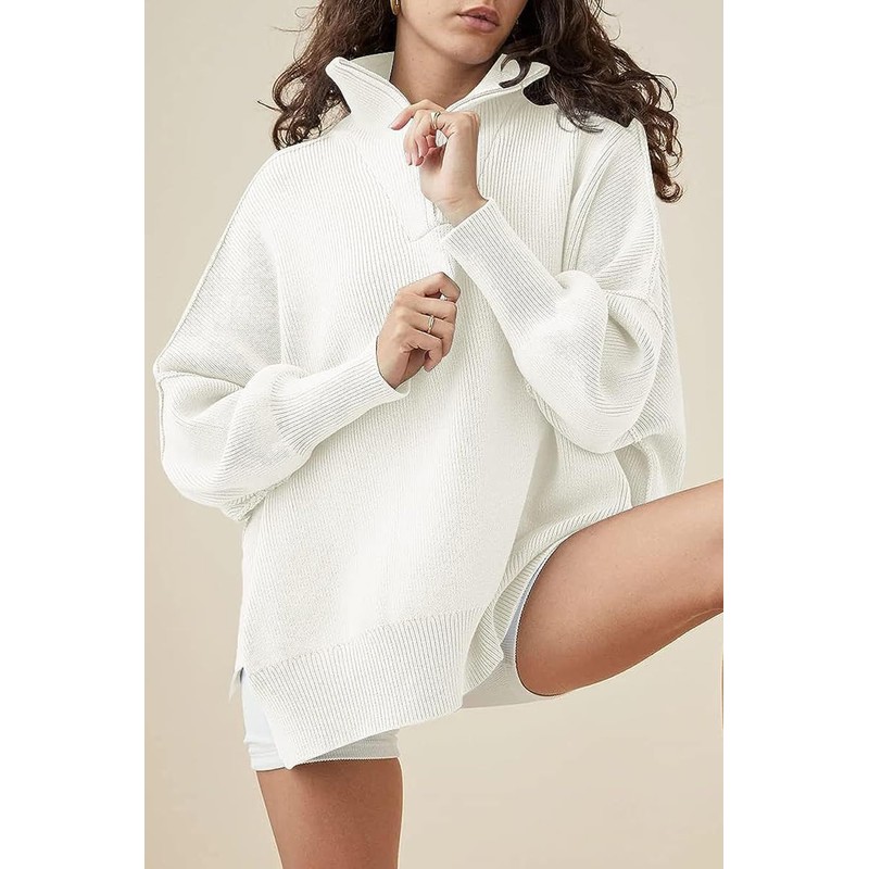 Lynkiss Women's Oversized Sweater Long Sleeve 1/4 Zipper Collar Drop