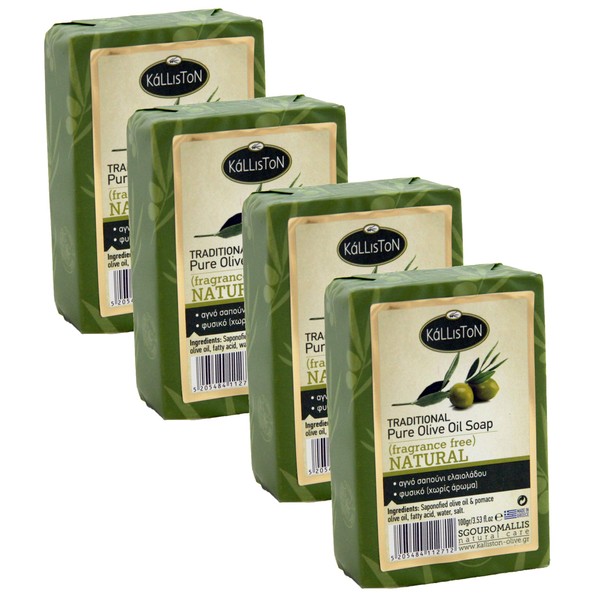 Kalliston, Natural Soap, Extra Virgin Olive Oil Soap Bars, Fragrance Free, All Natural for Smooth Skin, Hypoallergenic, Cruelty Free, Handcrafted in Crete, Greece, Pack of 4