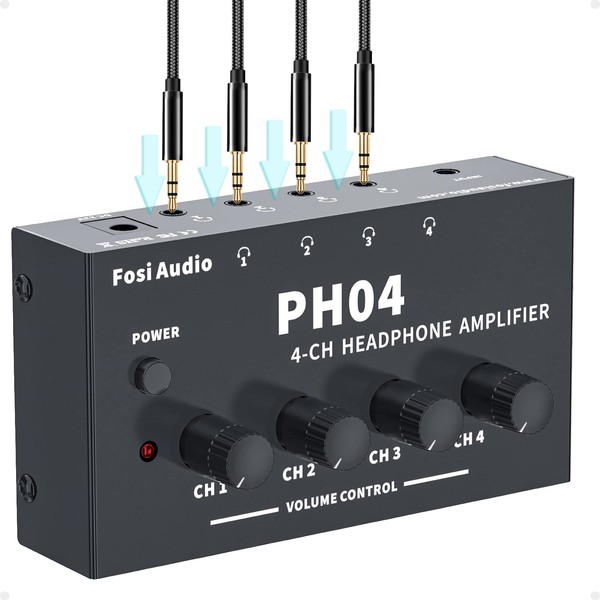 Fosi Audio PH04 4 Channel Headphone Amplifier Stereo Audio Amp with 12V 1.5A Power Adapter Ultra-Compact Portable Headphone Splitter for Studio and Stage