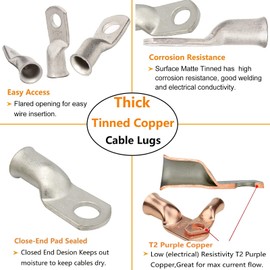 SVAAR 10pcs 2 AWG - 3/8'' Tinned Copper Cable Lugs Wire Lugs UL Listed 2 Gauge Ring Terminals Wire Lugs Battery Cable Ends Heavy Duty Closed End Crimp Connectors with 10pcs 3:1 Heat Shrink Tubings