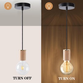 SHINY STAR Oak Pendant Light, Industrial Black Ceiling Rose, Braided Flex E27 Oak Lamp Holder, Wooden Suspended Ceiling Pendant Light - 82303OAK