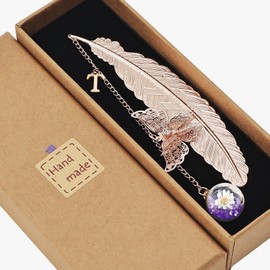 Snycler Exquisite Metal Feather Bookmark, Rose Gold, Help Reading, Beautiful Decoration, Suitable for Readers, mom, Teachers and Friends ，with Letter T