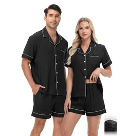 YOPUGEE Matching Pajamas For Couples Womens Summer Loungewear Set Button Up Pajamas Cotton Sleepwear Short Set Black M
