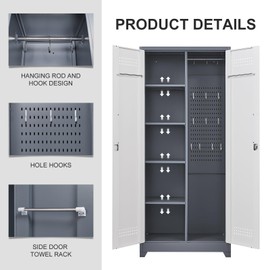 GREATMEET Broom Closet, Metal Storage Cabinet with Pegboard and Hanging Rod, Cleaning Tool Storage Cabinet, Broom Closet Cabinet for Cleaning Supplies, Locking Cabinet for Utility Room