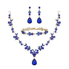 Clearine Wedding Jewellery Set for Women Bridal Y Necklace Tennis Bracelet and Earrings Dangle Set Crystal Teardrop Marquise Cluster Jewellery for Bridesmaid Blue Gold Tone, Crystal