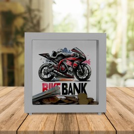 Racing Motorcycle Frame Wooden Money Box with Saying Bike Bank Sporty Racing Motorcycle Frame Money Box Made of Wood in Black / Red Fast Speed and Style in One
