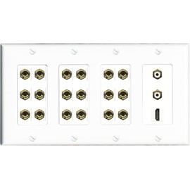 RiteAV 9.2 Surround Sound 9 Speaker 18 Banana Plug Jack Wall Plate w/ 2 RCA Subwoofer + HDMI Female Connectors - 4 Gang [White]
