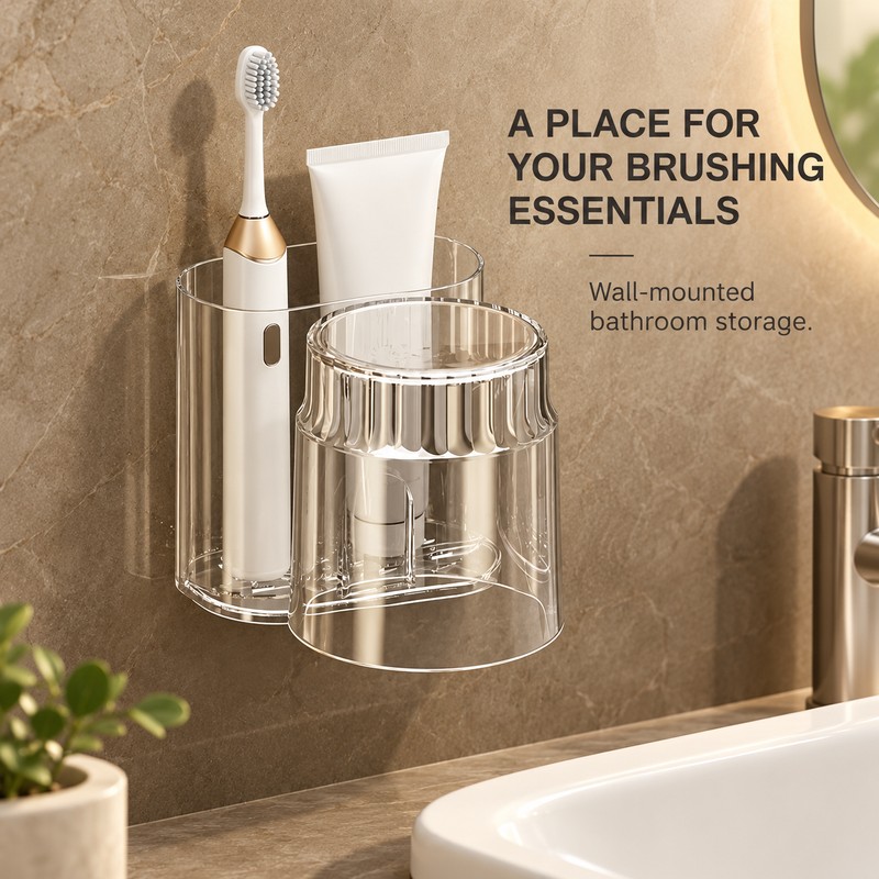 Wall-Mounted Toothbrush Holder with Mouthwash Cup - Transparent 2-Piece Bathroom