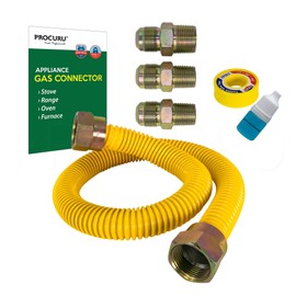 PROCURU 5/8" OD x 24" (2Ft) Universal Flexible Gas Connector Kit, Weatherproof Stainless Steel Pipe, SafeGuard Yellow-Coated, for Stove, Range, Furnace (Green-A1 Series)