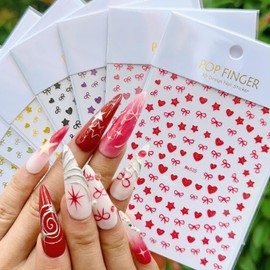 Glitter Heart Bows Nail Art Stickers Heart Bows Nail Decals Pink Silver Gold Black White Glitter Star Nail Art Design Bow Stickers Valentine's Day Nail Stickers for Women Girls DIY Acrylic Nails Decor