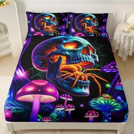 AILONEN 3D Printed Skull Fitted Sheet Set Twin Size, Purple Mushroom Skull Bedding Set,3 Pieces Terror Spider Skull Skeleton Bed Sheet Set,1 Fitted Sheet and 2 Pillowcases