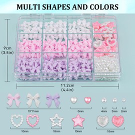 600 Pcs 3D Nail Charms and Flatback Pearls Set 4, Pink&White&Lilac Nail Bows + Pink&White Star Heart Cute Nail Jewels + 2-4mm White Nail Pearls for Nail Art DIY Decoration with Pickup Tools