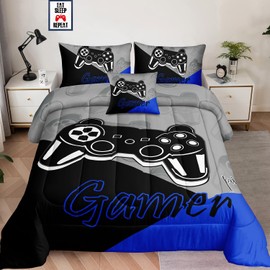 6 Pieces Bed in a Bag for Gaming Bedding Set,Boys Gamer Comforter Set with Flat Sheet,Fitted Sheet,Pillowcases,Cushion Cover,Game Console Pattern Bed Set for Kids Boys Room Decor