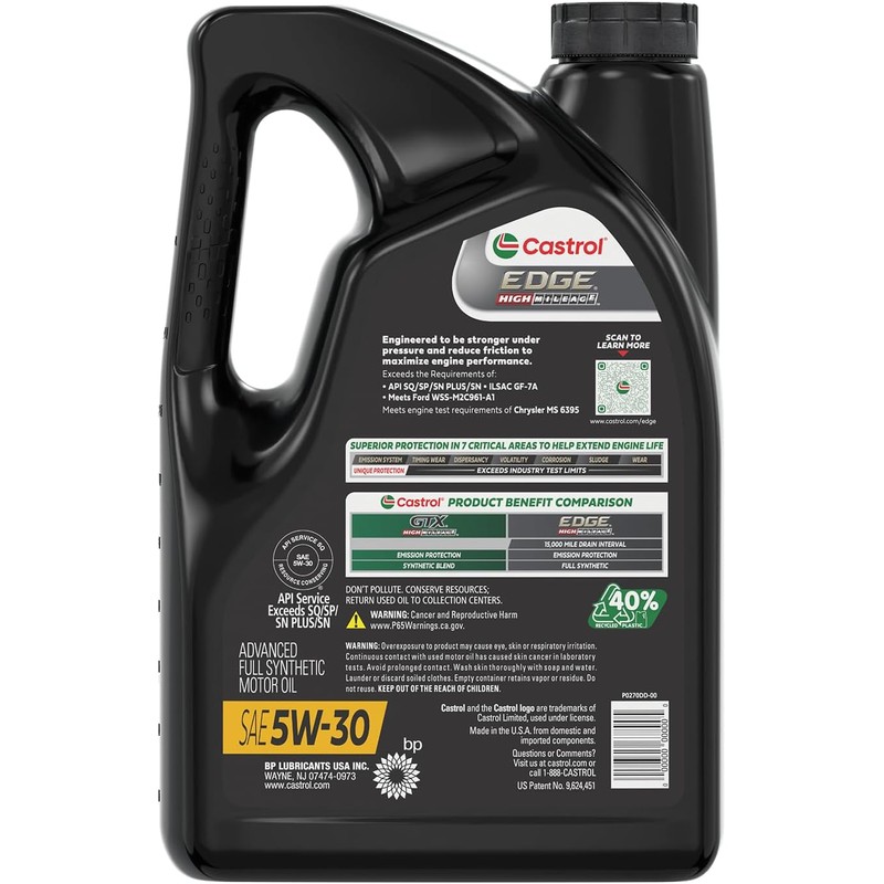 Castrol EDGE High Mileage 5W-30 Advanced Full Synthetic Motor Oil,